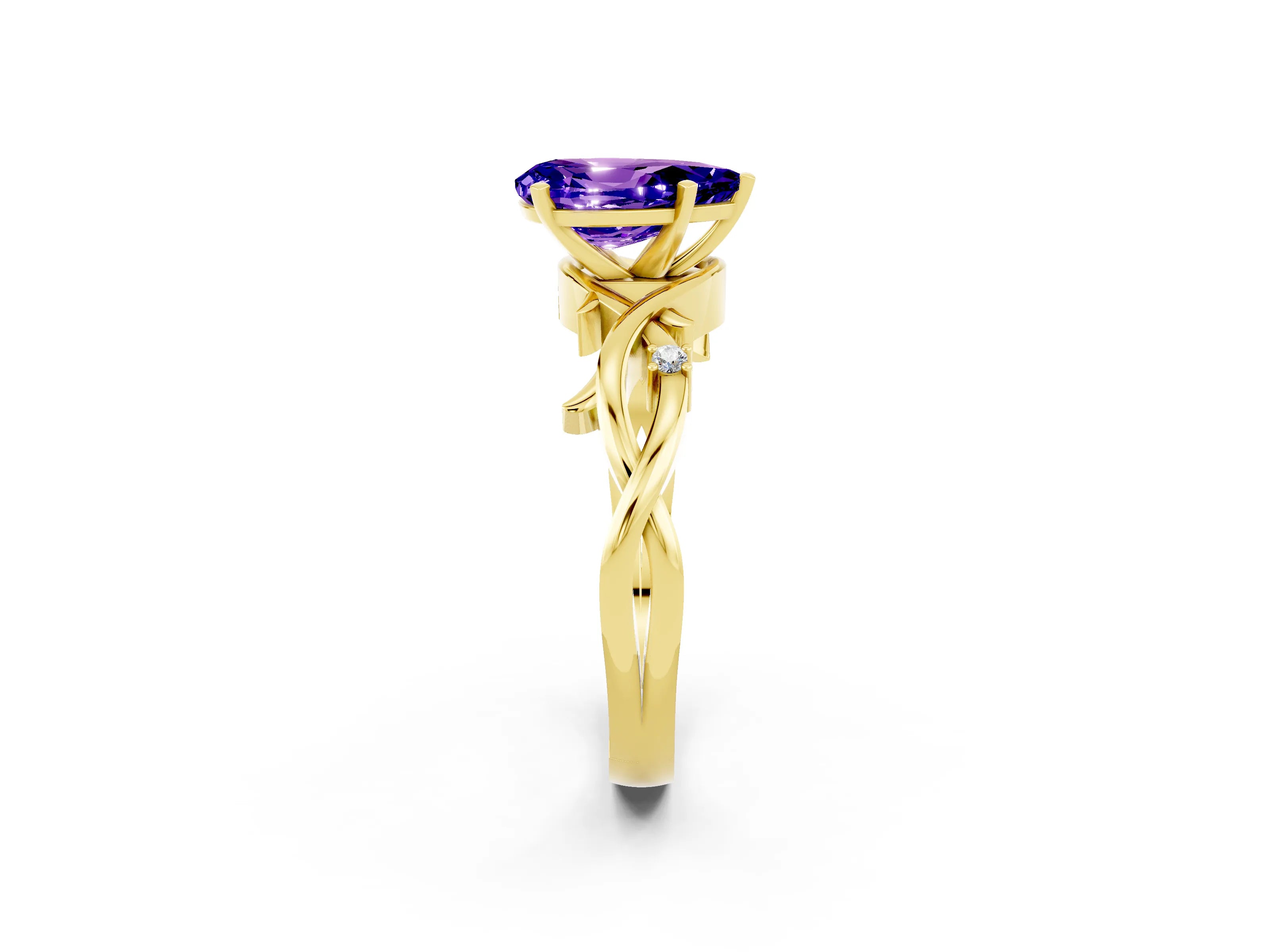 Yellow gold Pear Cut Tanzanite Solitaire Ring with Twisted Band and Prong Setting_2