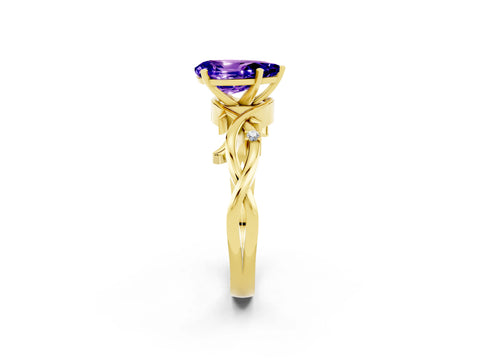 Yellow gold Pear Cut Tanzanite Solitaire Ring with Twisted Band and Prong Setting_2