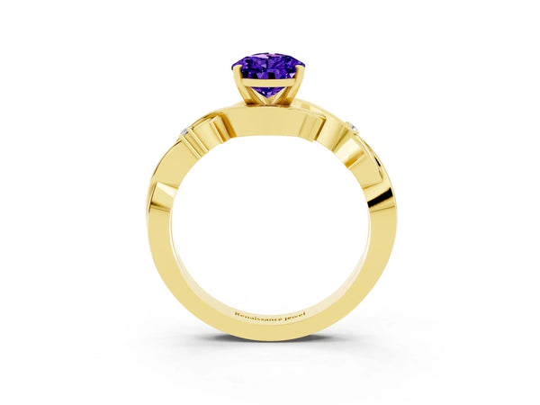 Yellow gold Pear Cut Tanzanite Solitaire Ring with Twisted Band and Prong Setting
