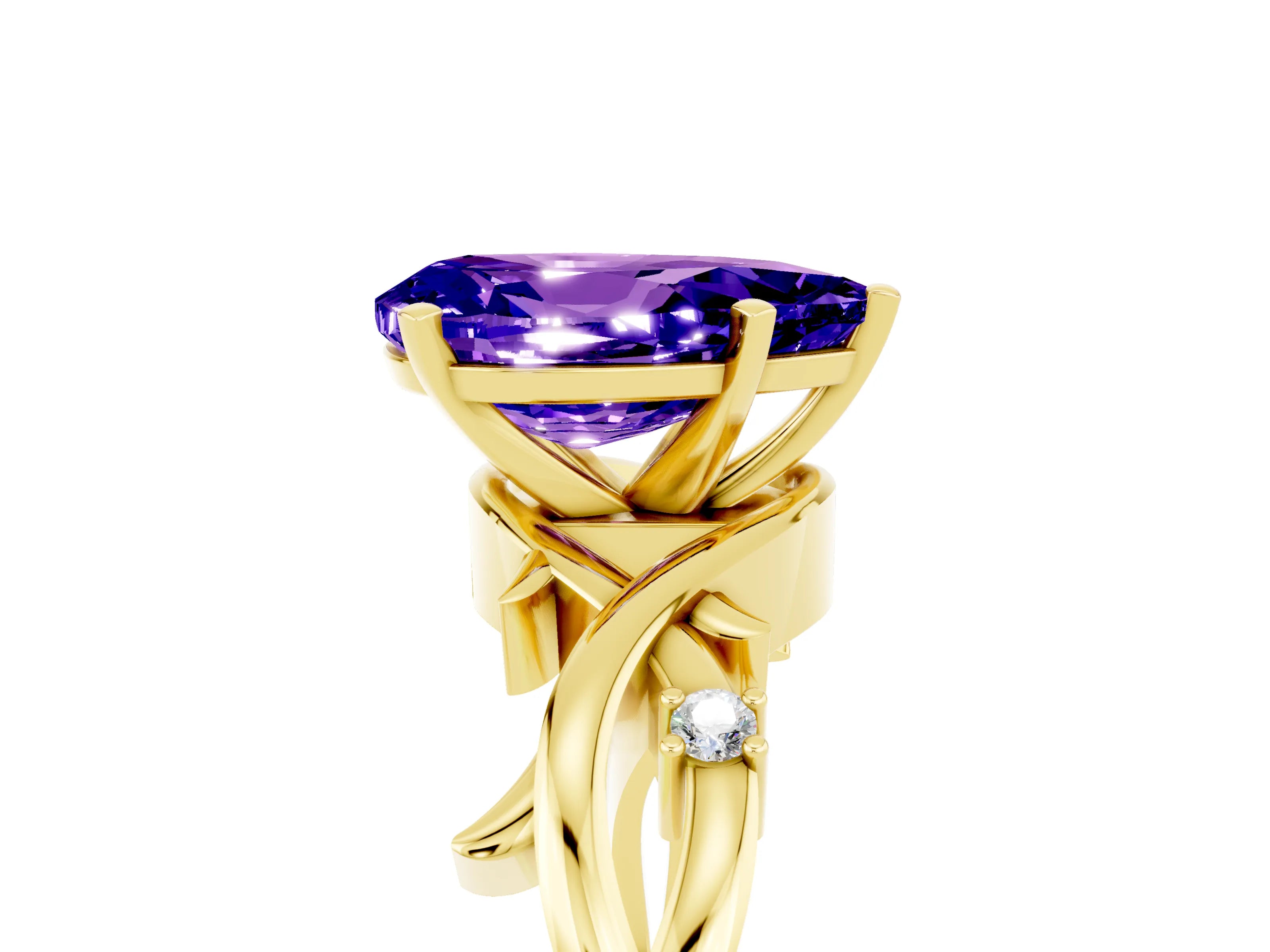 Yellow gold Pear Cut Tanzanite Solitaire Ring with Twisted Band and Prong Setting_5