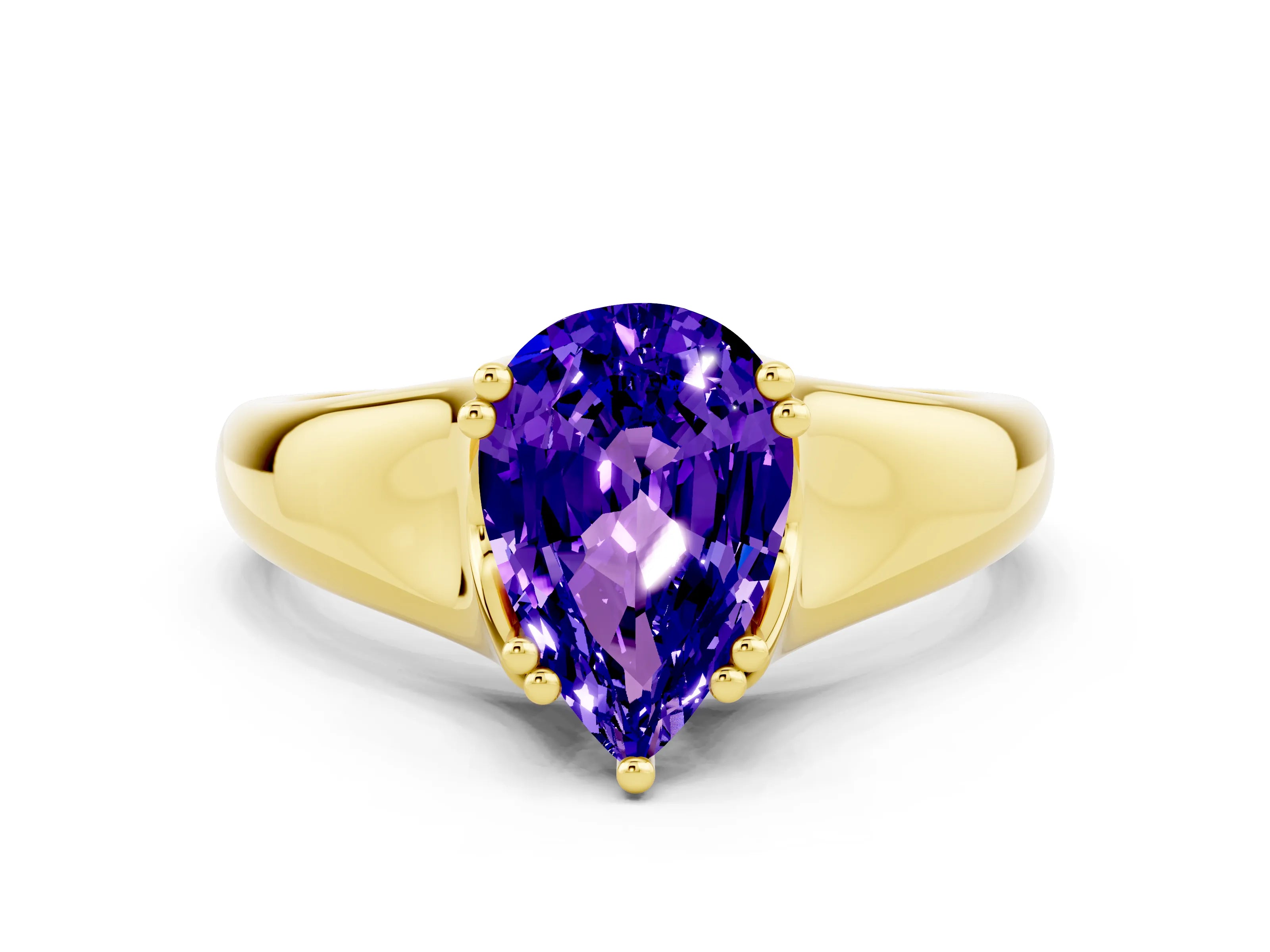 Yellow gold Pear Cut Tanzanite Solitaire Ring with Wide Band and Prong Setting