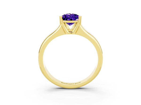Yellow gold Pear Cut Tanzanite Solitaire Ring with Wide Band and Prong Setting