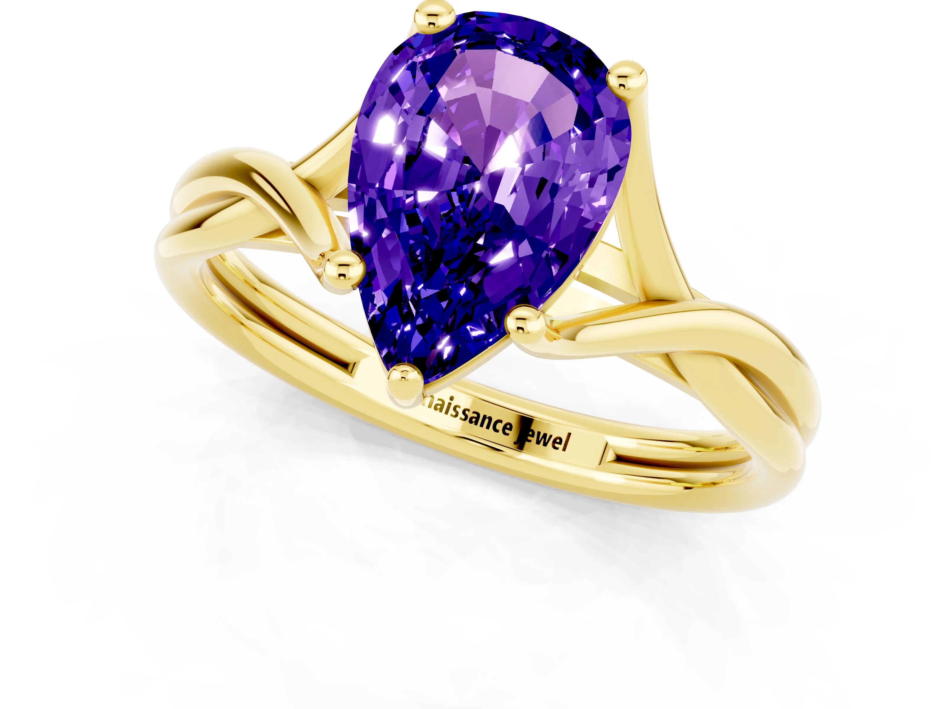 Yellow gold Pear Cut Tanzanite Solitaire Twist Band Prong Setting Ring_25