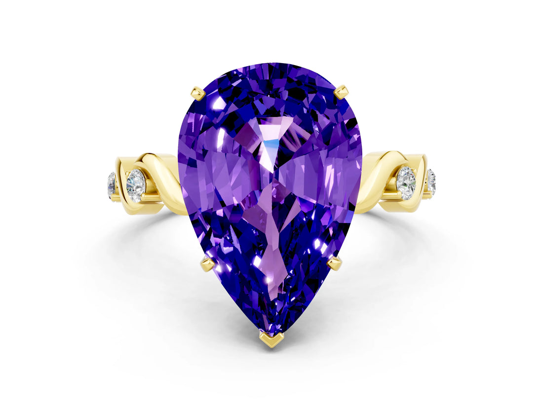 Yellow gold Pear Cut Tanzanite Solitaire Twisted Band with Round  Accents and Prong Setting_12