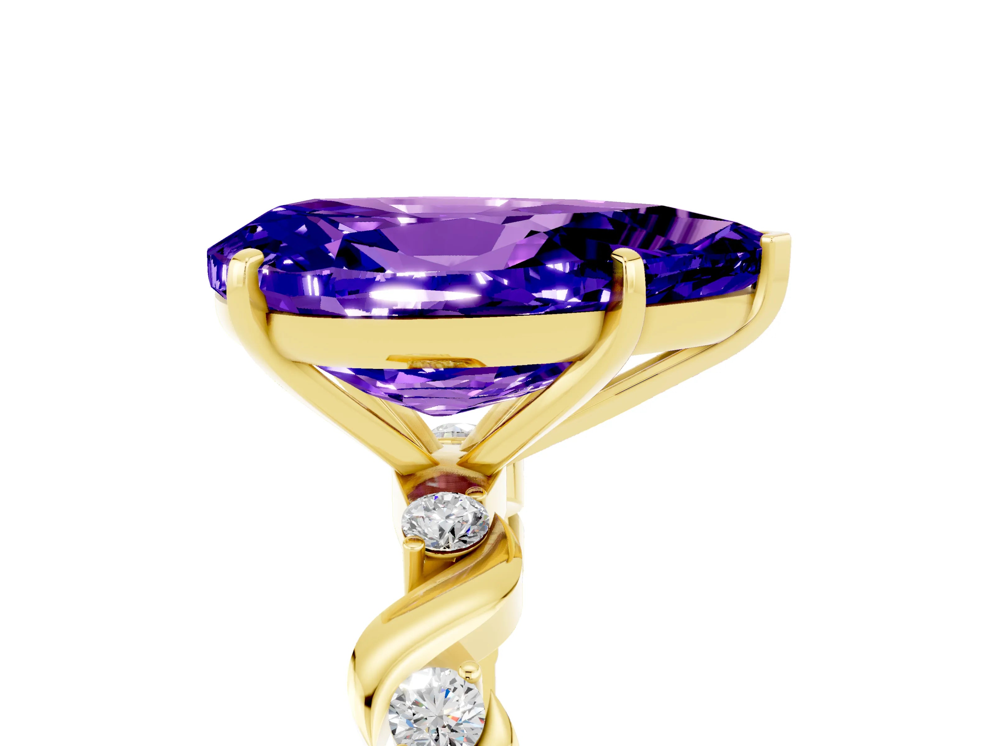Yellow gold Pear Cut Tanzanite Solitaire Twisted Band with Round  Accents and Prong Setting_17