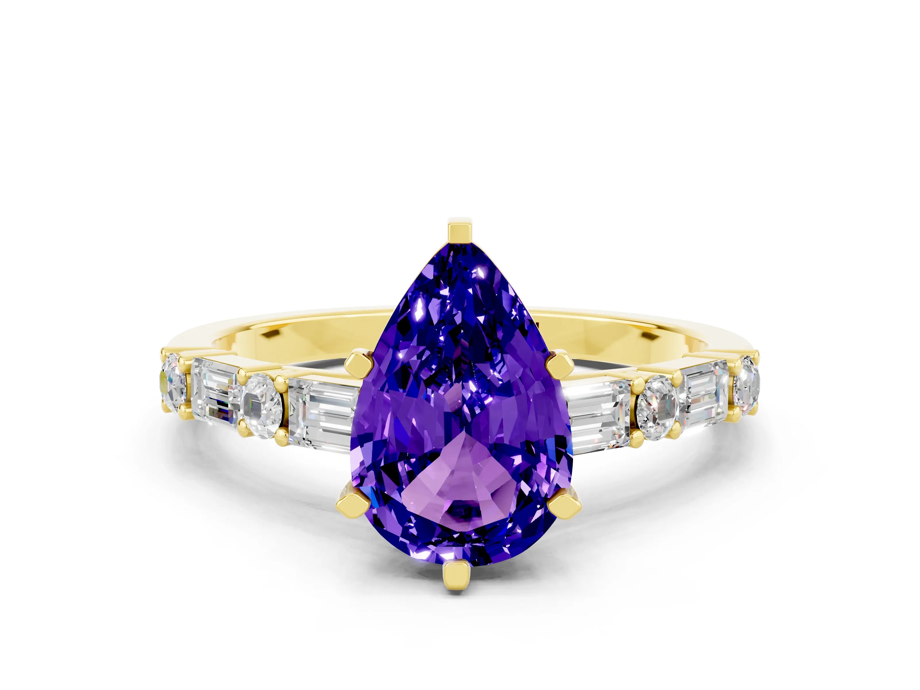 Yellow gold Pear Cut Tanzanite Solitaire with Side Baguettes and Channel Set Band