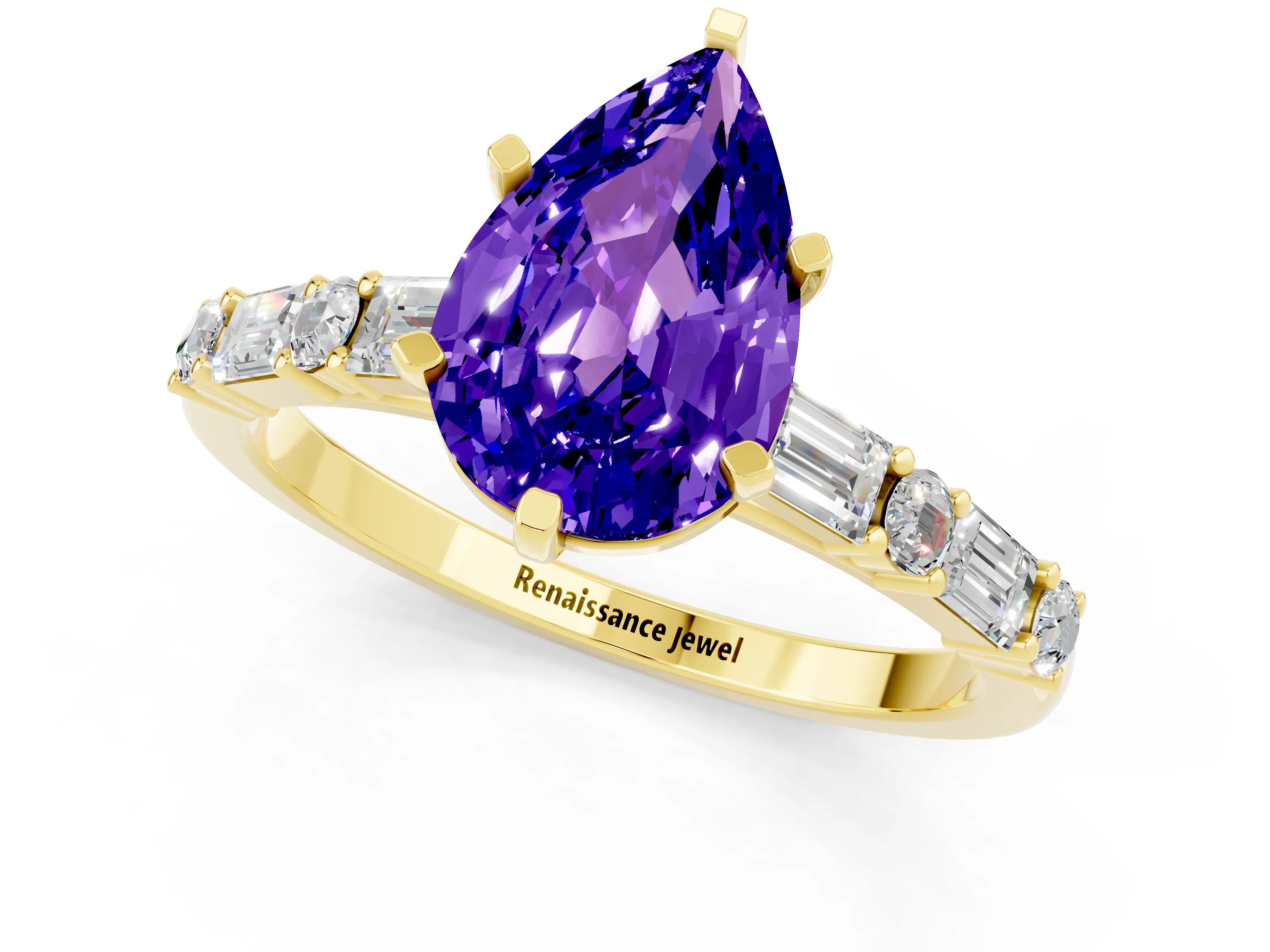 Yellow gold Pear Cut Tanzanite Solitaire with Side Baguettes and Channel Set Band_1