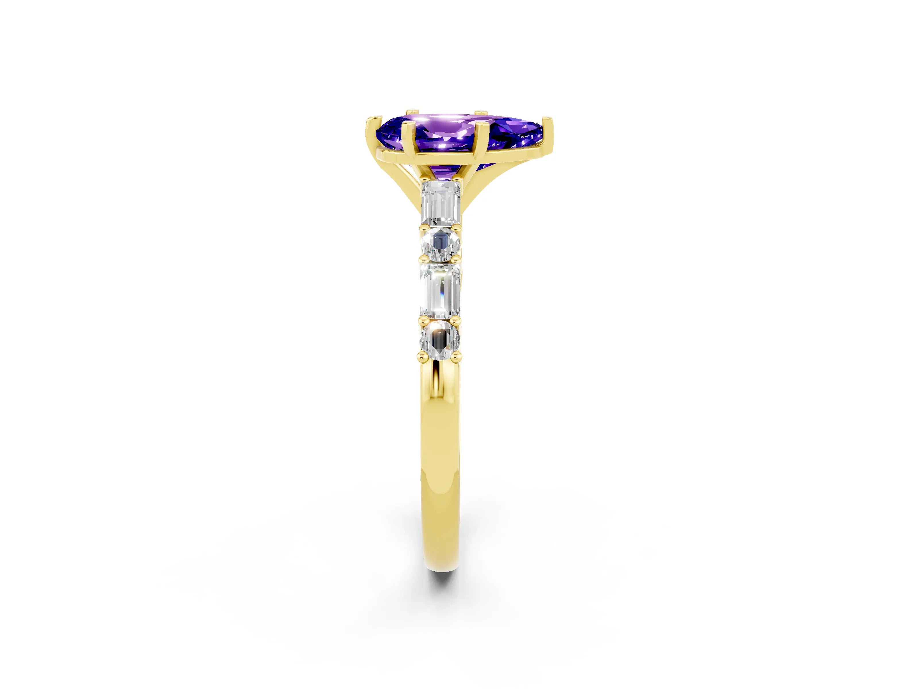 Yellow gold Pear Cut Tanzanite Solitaire with Side Baguettes and Channel Set Band_2