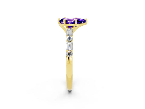 Yellow gold Pear Cut Tanzanite Solitaire with Side Baguettes and Channel Set Band_2