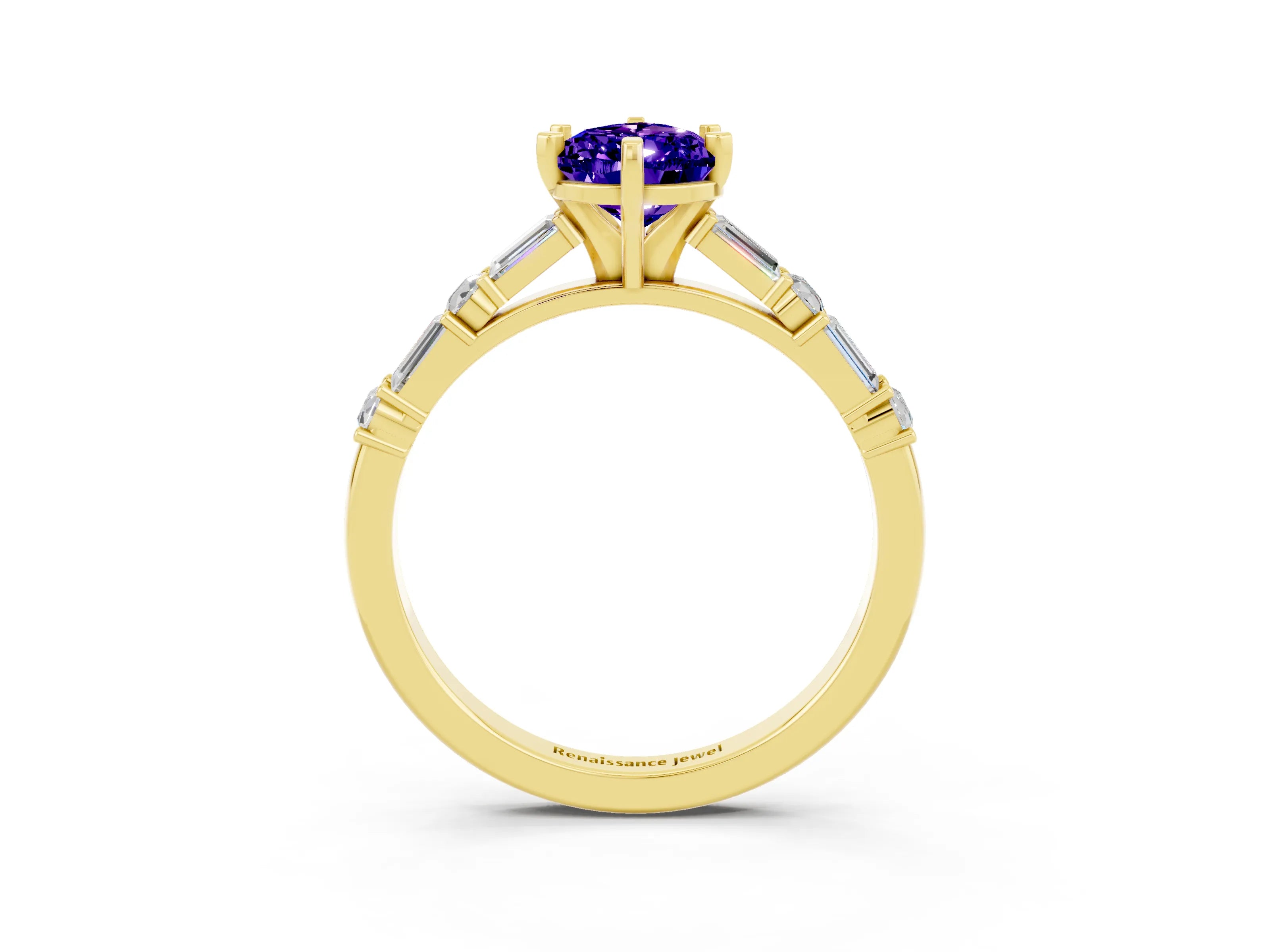 Yellow gold Pear Cut Tanzanite Solitaire with Side Baguettes and Channel Set Band_3