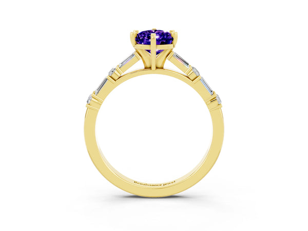 Yellow gold Pear Cut Tanzanite Solitaire with Side Baguettes and Channel Set Band