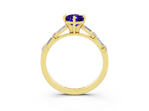Yellow gold Pear Cut Tanzanite Solitaire with Side Baguettes and Channel Set Band_3