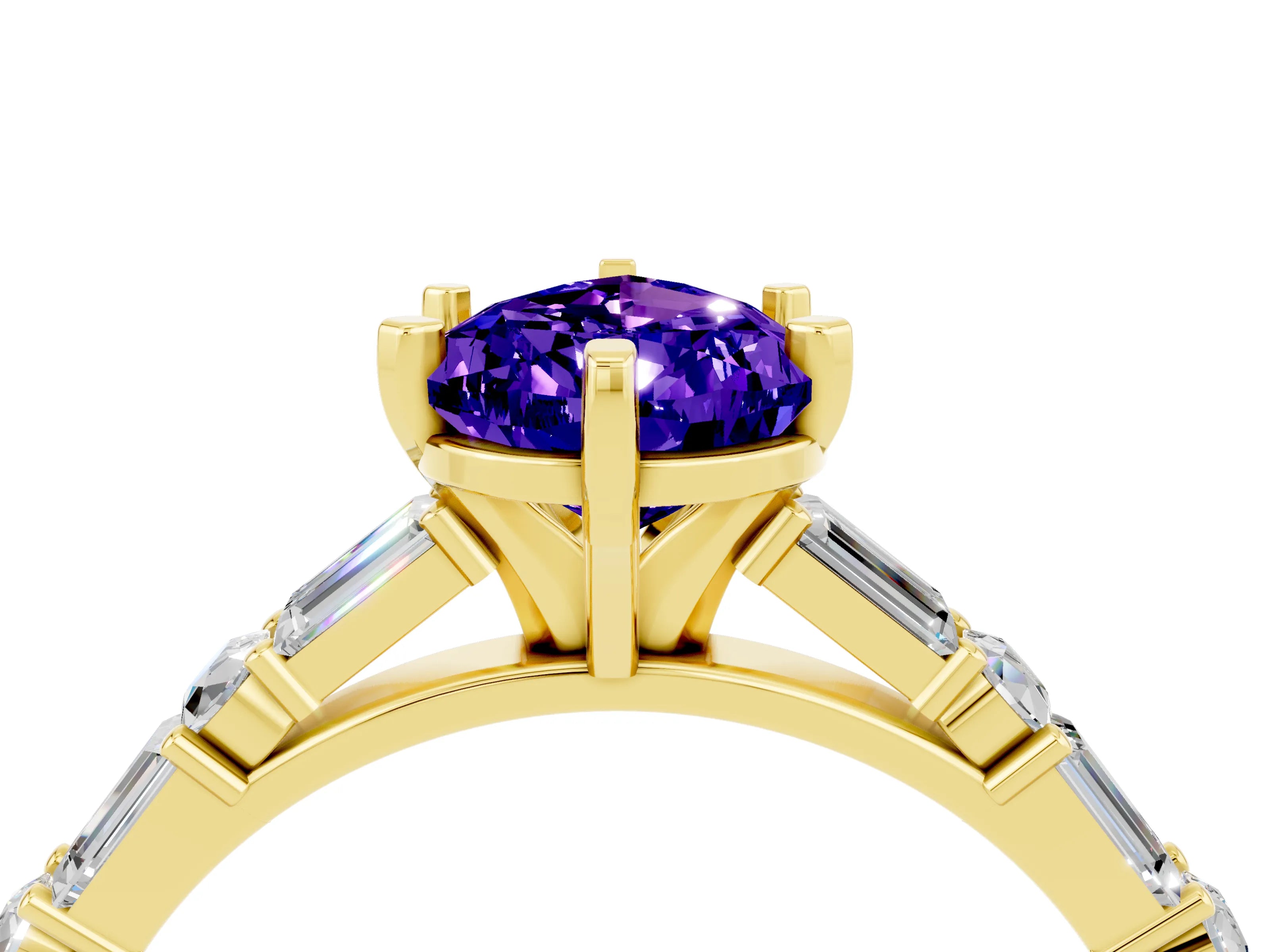 Yellow gold Pear Cut Tanzanite Solitaire with Side Baguettes and Channel Set Band_4
