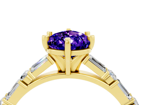 Yellow gold Pear Cut Tanzanite Solitaire with Side Baguettes and Channel Set Band_4