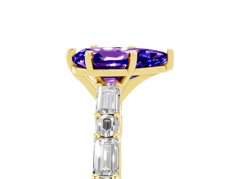Yellow gold Pear Cut Tanzanite Solitaire with Side Baguettes and Channel Set Band_5
