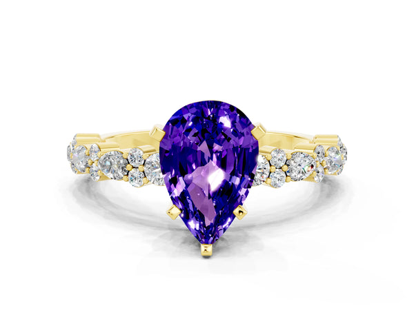 Yellow gold Pear Cut Tanzanite Side Stone Solitaire Ring with Round  and Four-Prong Setting