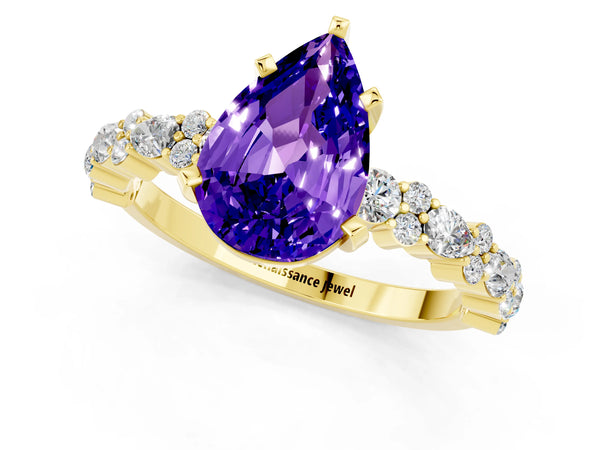 Yellow gold Pear Cut Tanzanite Side Stone Solitaire Ring with Round  and Four-Prong Setting