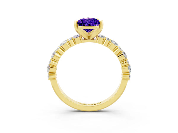 Yellow gold Pear Cut Tanzanite Side Stone Solitaire Ring with Round  and Four-Prong Setting