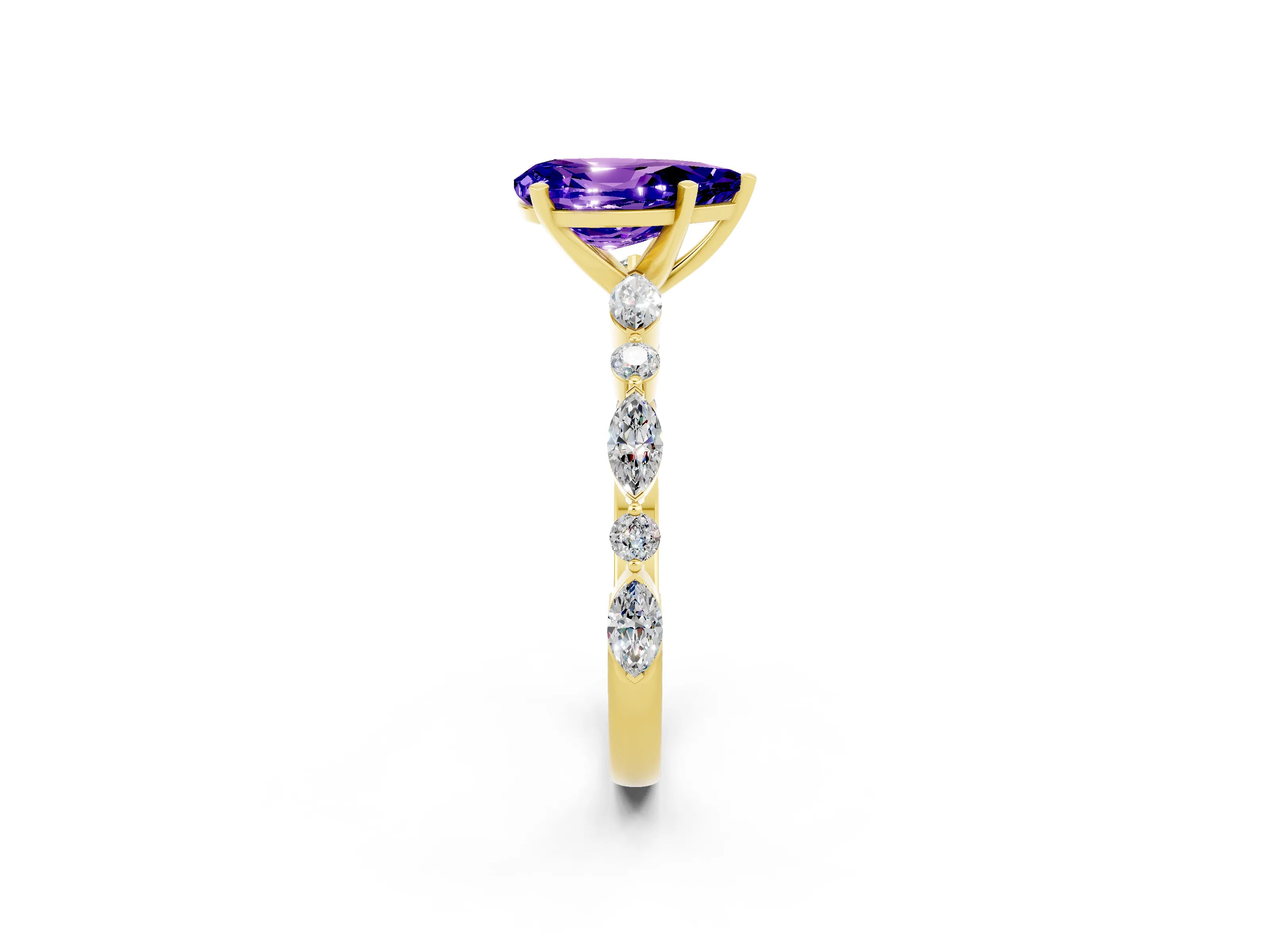 Yellow gold Pear Cut Tanzanite Solitaire with Side Stones on a Pavé Band and Four-Prong Setting_2