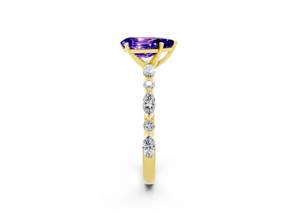 Yellow gold Pear Cut Tanzanite Ring with Marquise and Round  Side Stones and Four-Prong Setting