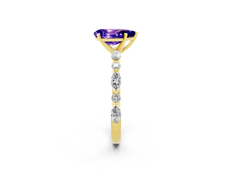 Yellow gold Pear Cut Tanzanite Solitaire with Side Stones on a Pavé Band and Four-Prong Setting_2