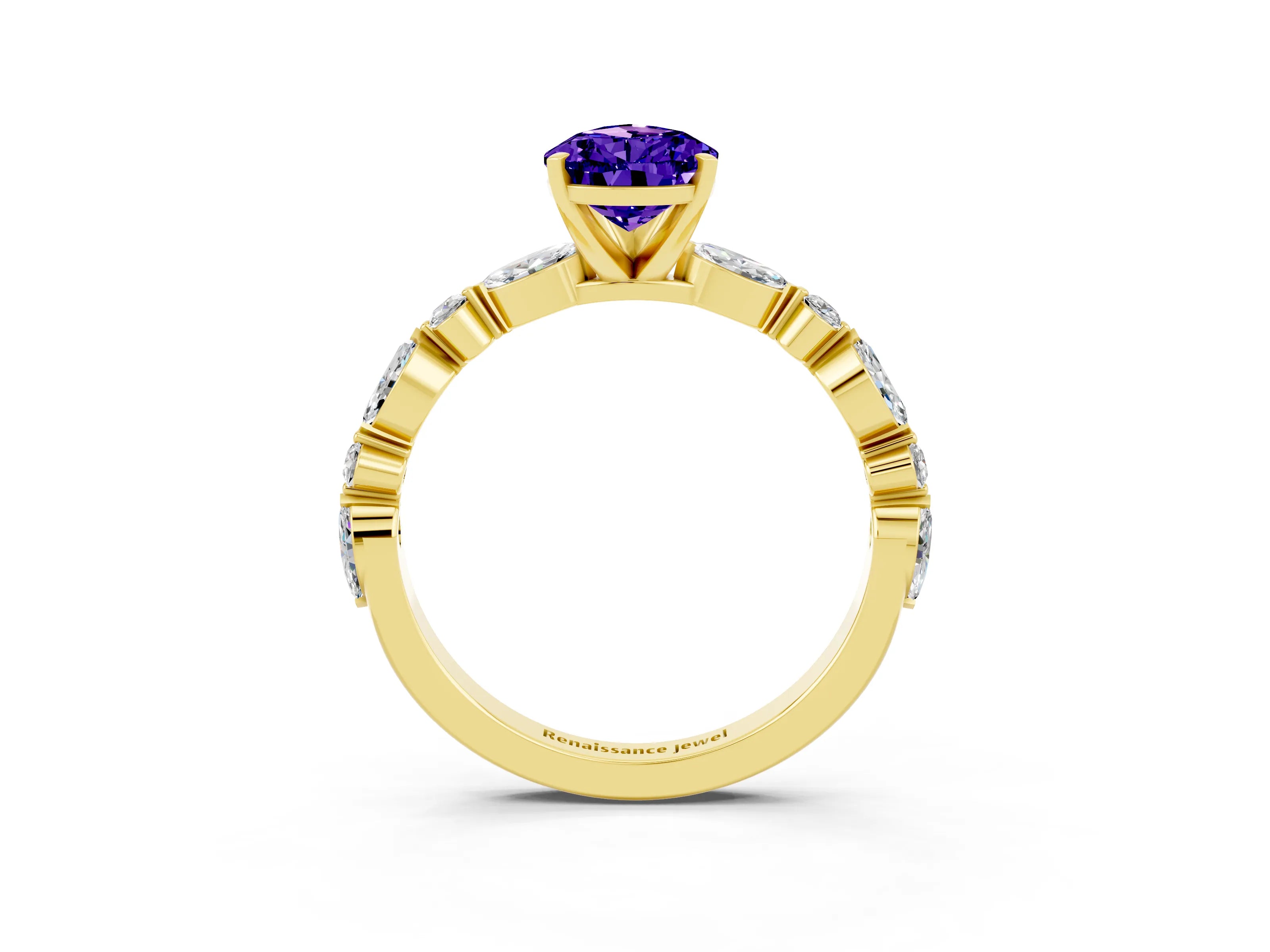Yellow gold Pear Cut Tanzanite Solitaire with Side Stones on a Pavé Band and Four-Prong Setting_3