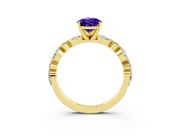 Yellow gold Pear Cut Tanzanite Ring with Marquise and Round  Side Stones and Four-Prong Setting