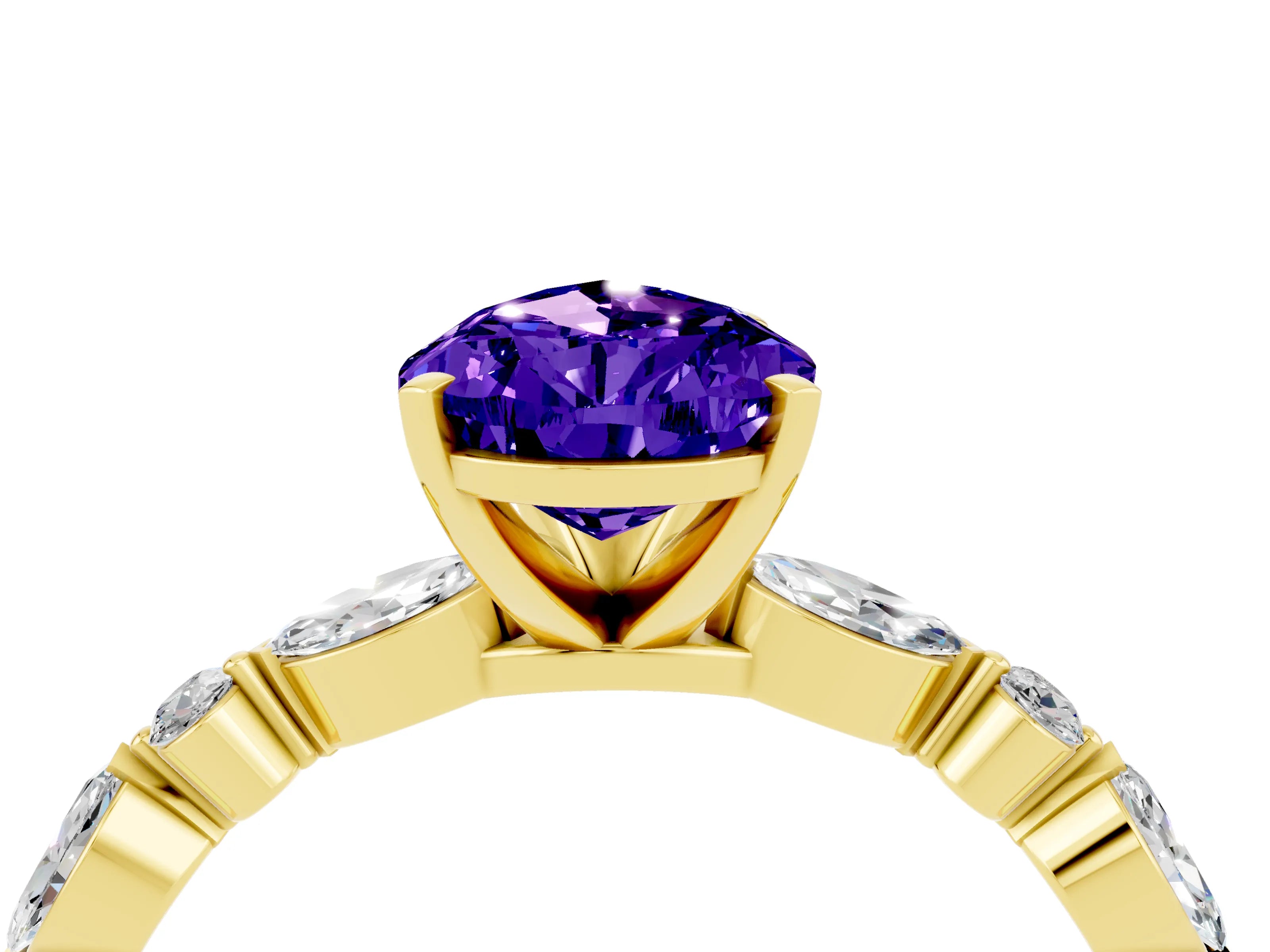 Yellow gold Pear Cut Tanzanite Solitaire with Side Stones on a Pavé Band and Four-Prong Setting_4
