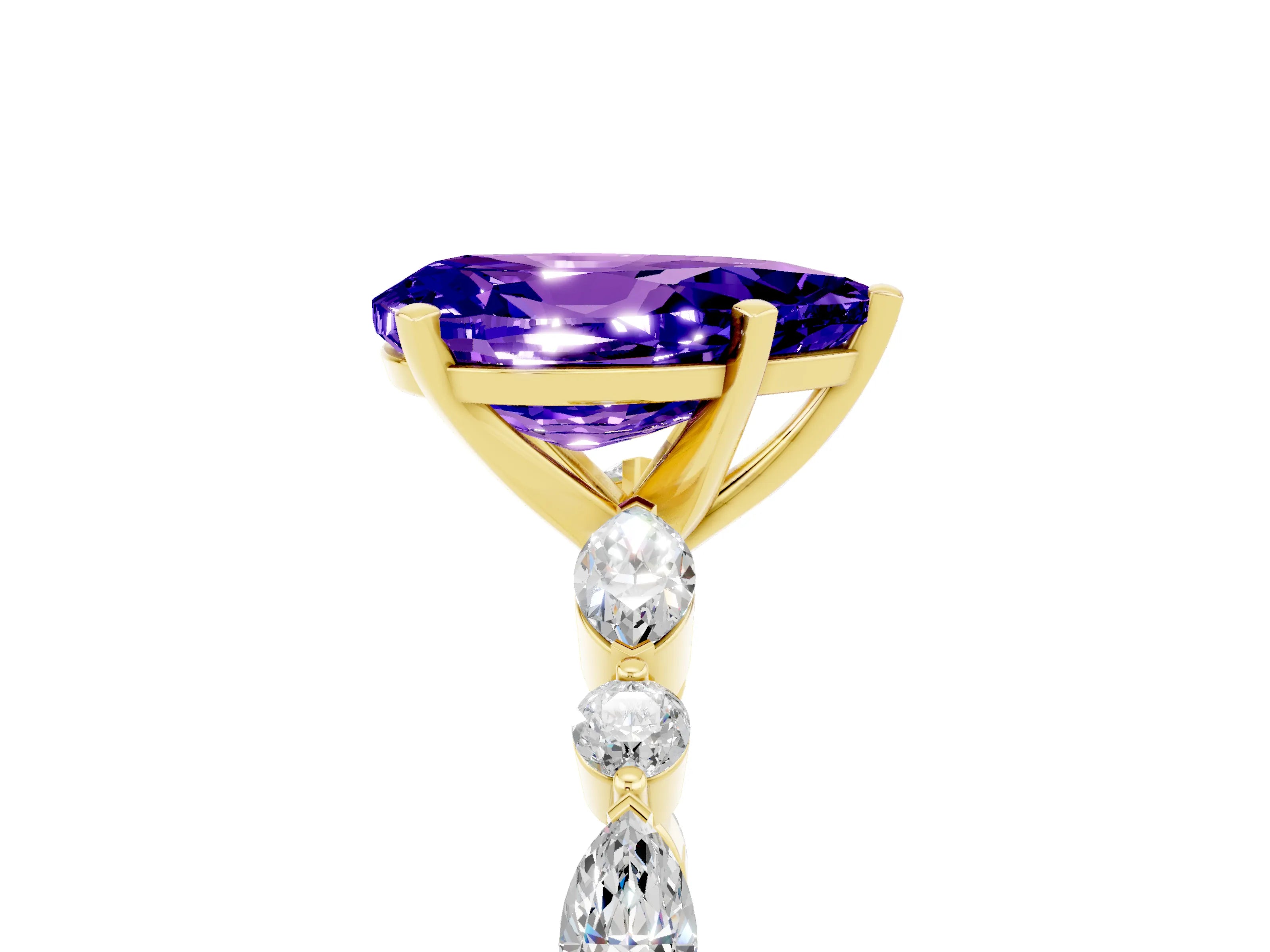 Yellow gold Pear Cut Tanzanite Solitaire with Side Stones on a Pavé Band and Four-Prong Setting_5