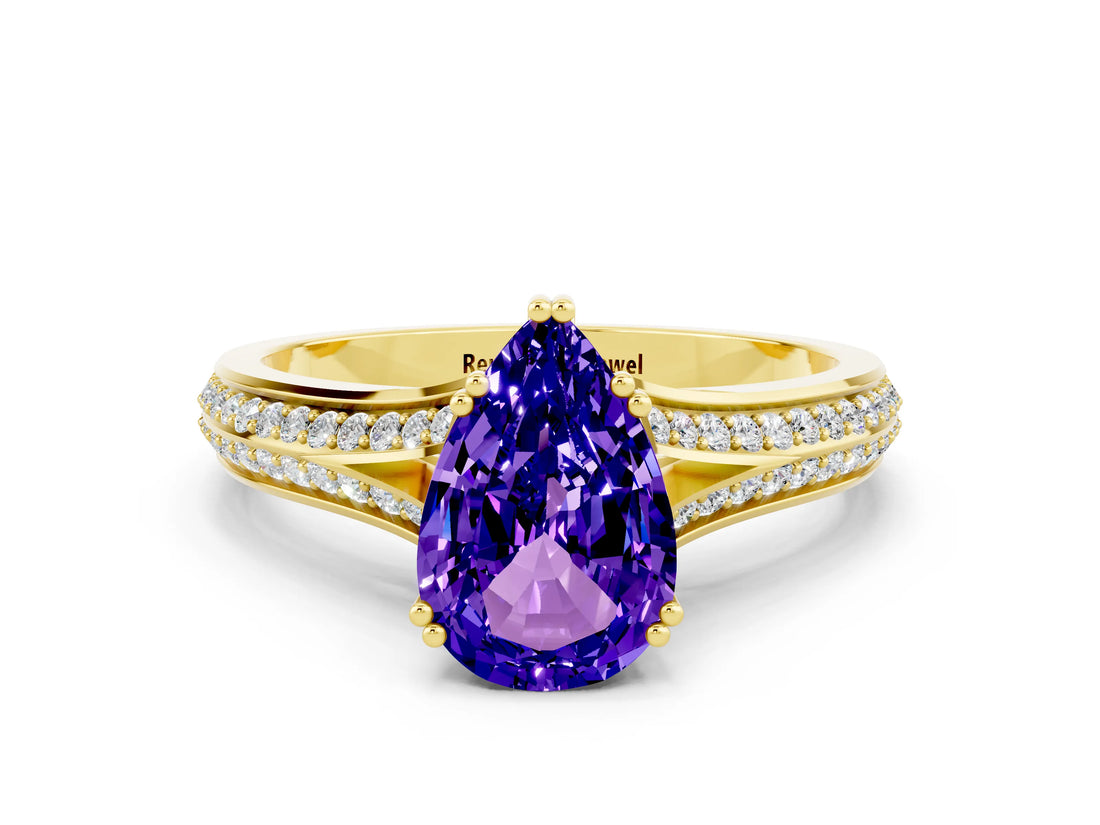 Yellow gold Pear Cut Tanzanite Split Shank Engagement Ring with Pavé Band