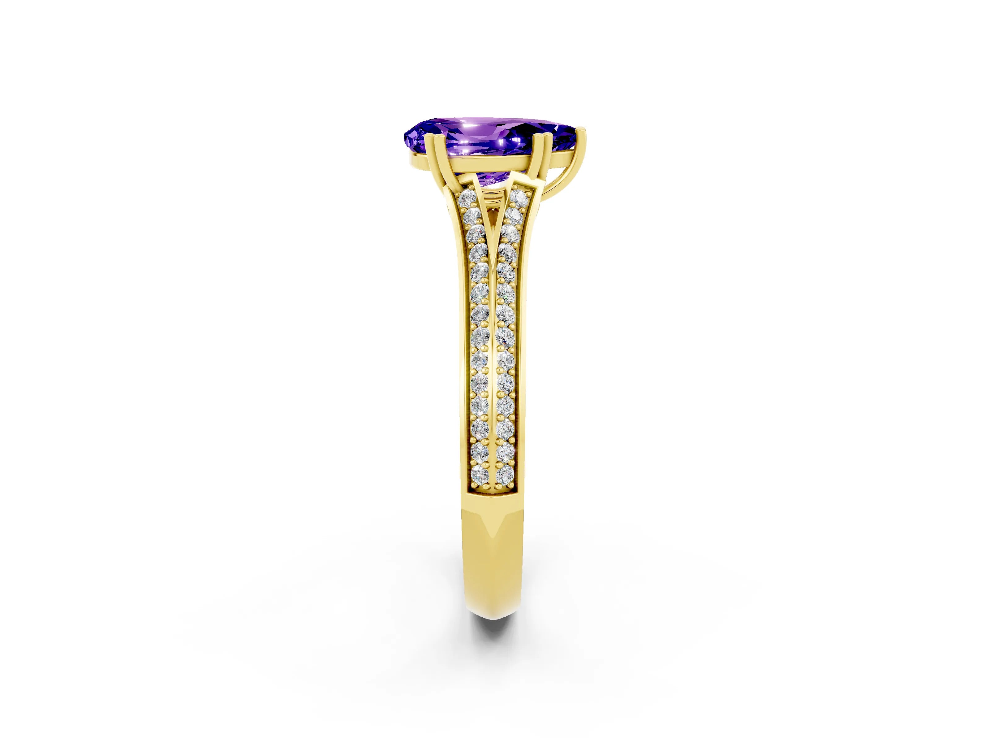 Yellow gold Pear Cut Tanzanite Split Shank Engagement Ring with Pavé Band_2
