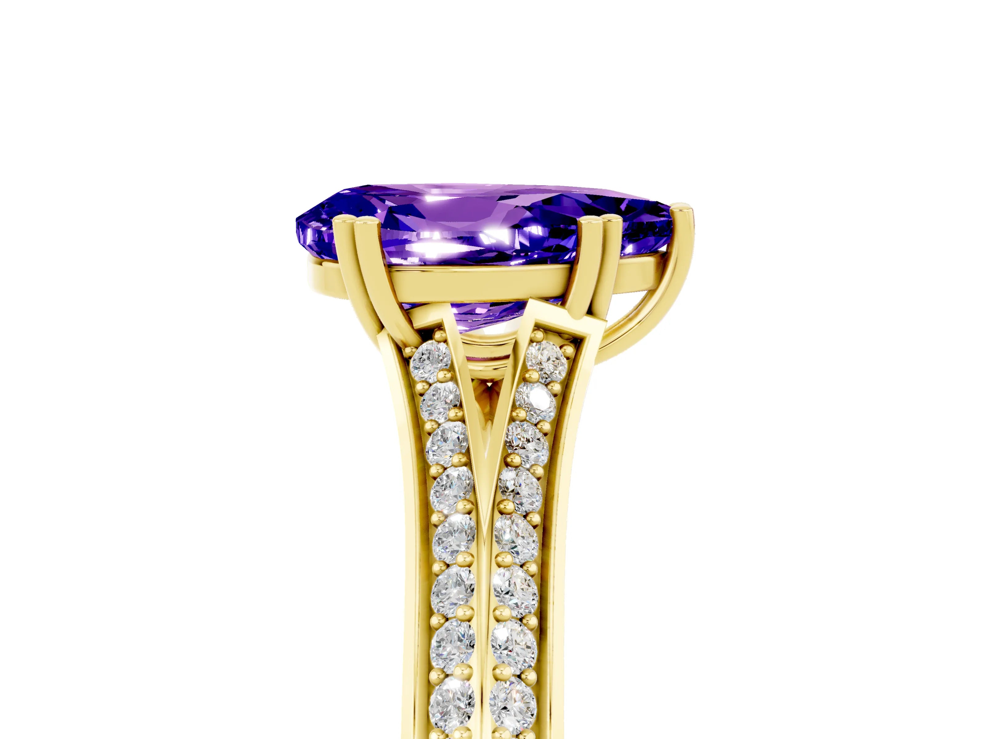 Yellow gold Pear Cut Tanzanite Split Shank Engagement Ring with Pavé Band_5