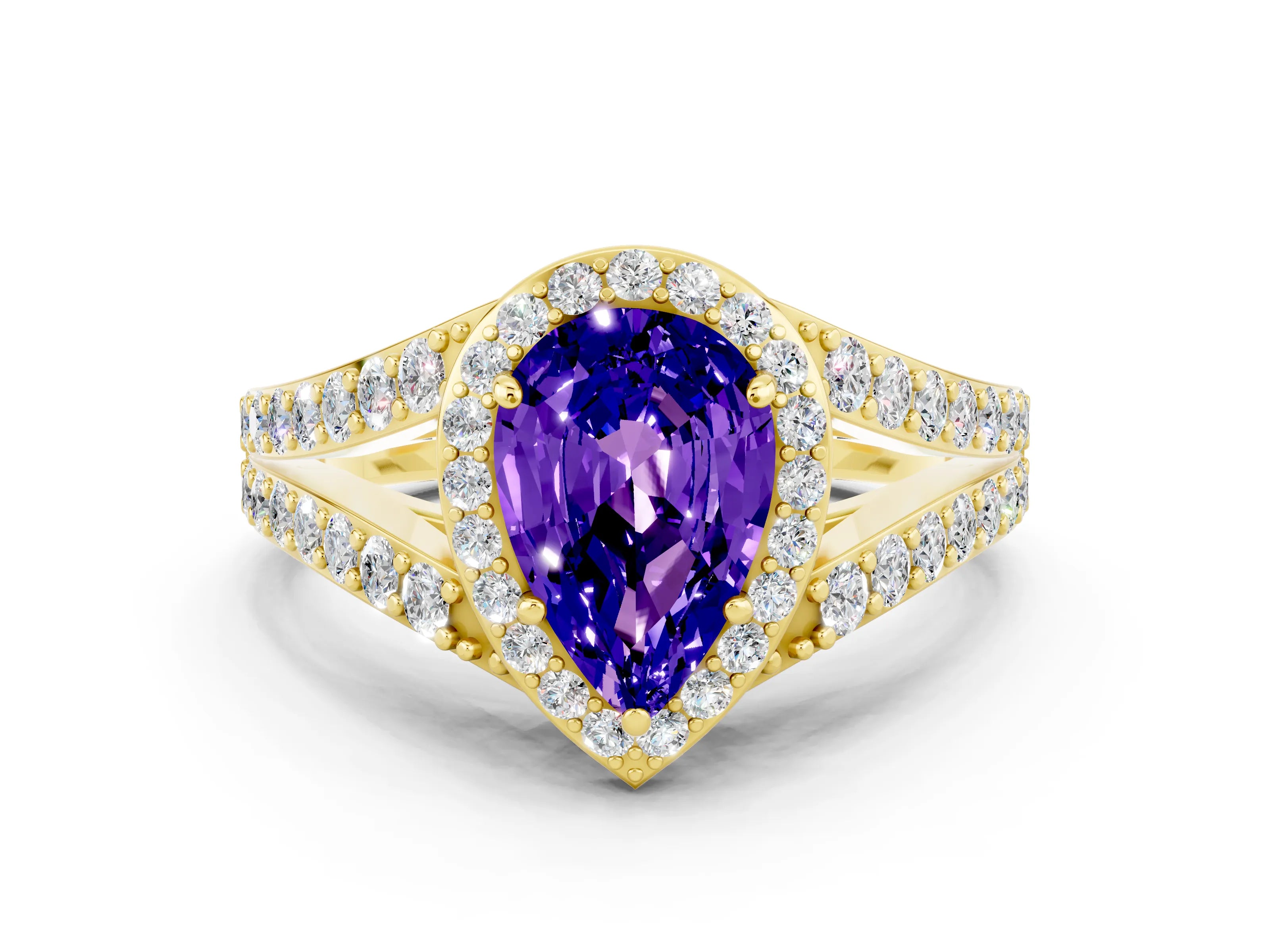 Yellow gold Pear Cut Tanzanite Split Shank Halo Ring with Four-Prong Setting_12