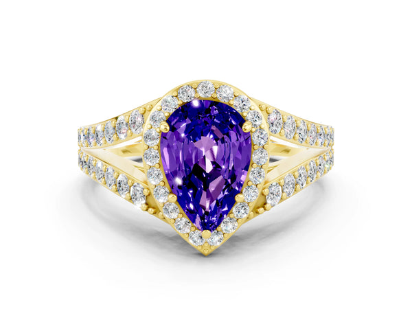 Yellow gold Pear Cut Tanzanite Split Shank Halo Ring with Four-Prong Setting
