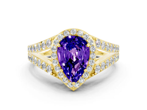 Yellow gold Pear Cut Tanzanite Split Shank Halo Ring with Four-Prong Setting_12
