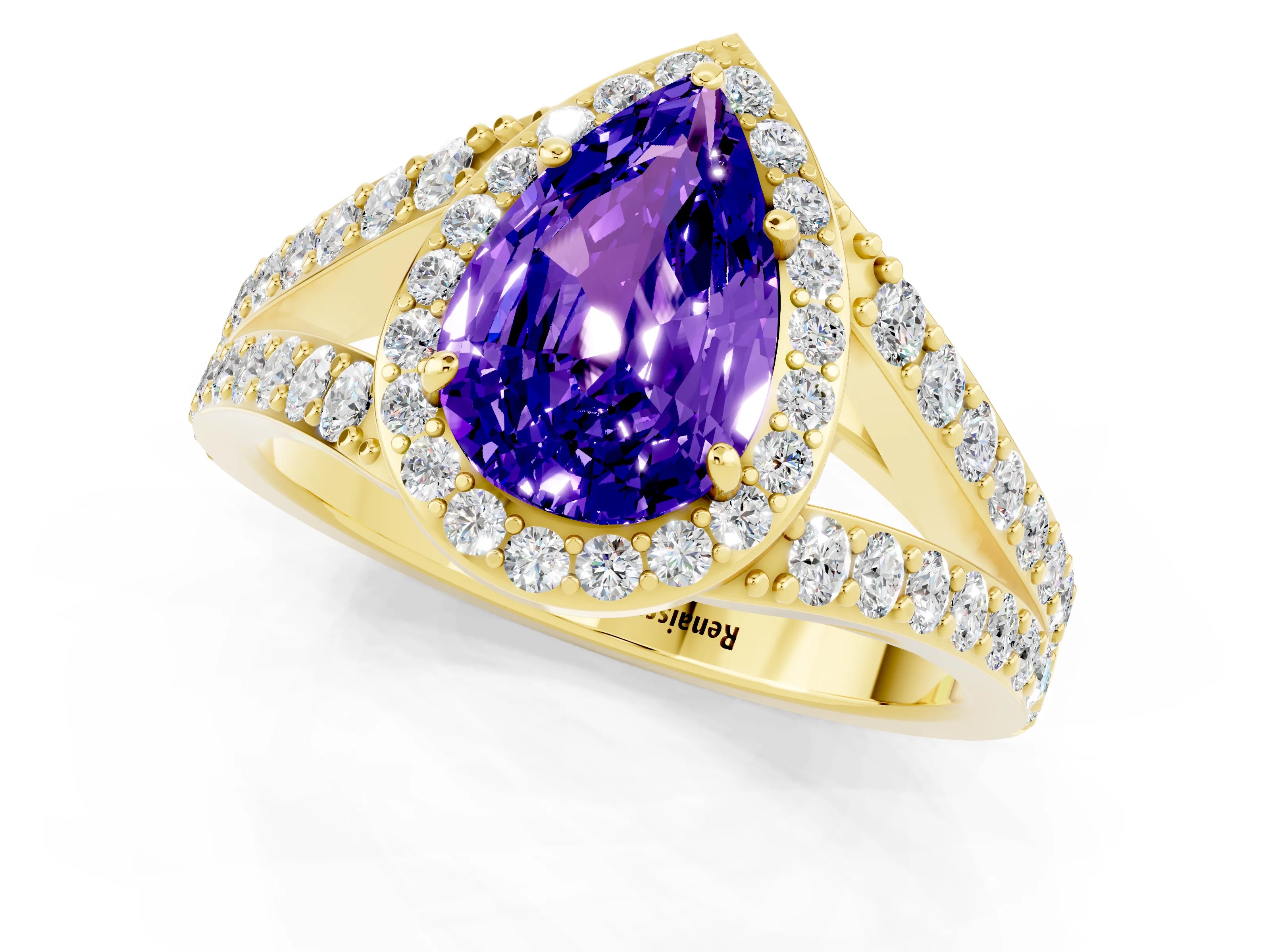 Yellow gold Pear Cut Tanzanite Split Shank Halo Ring with Four-Prong Setting_13
