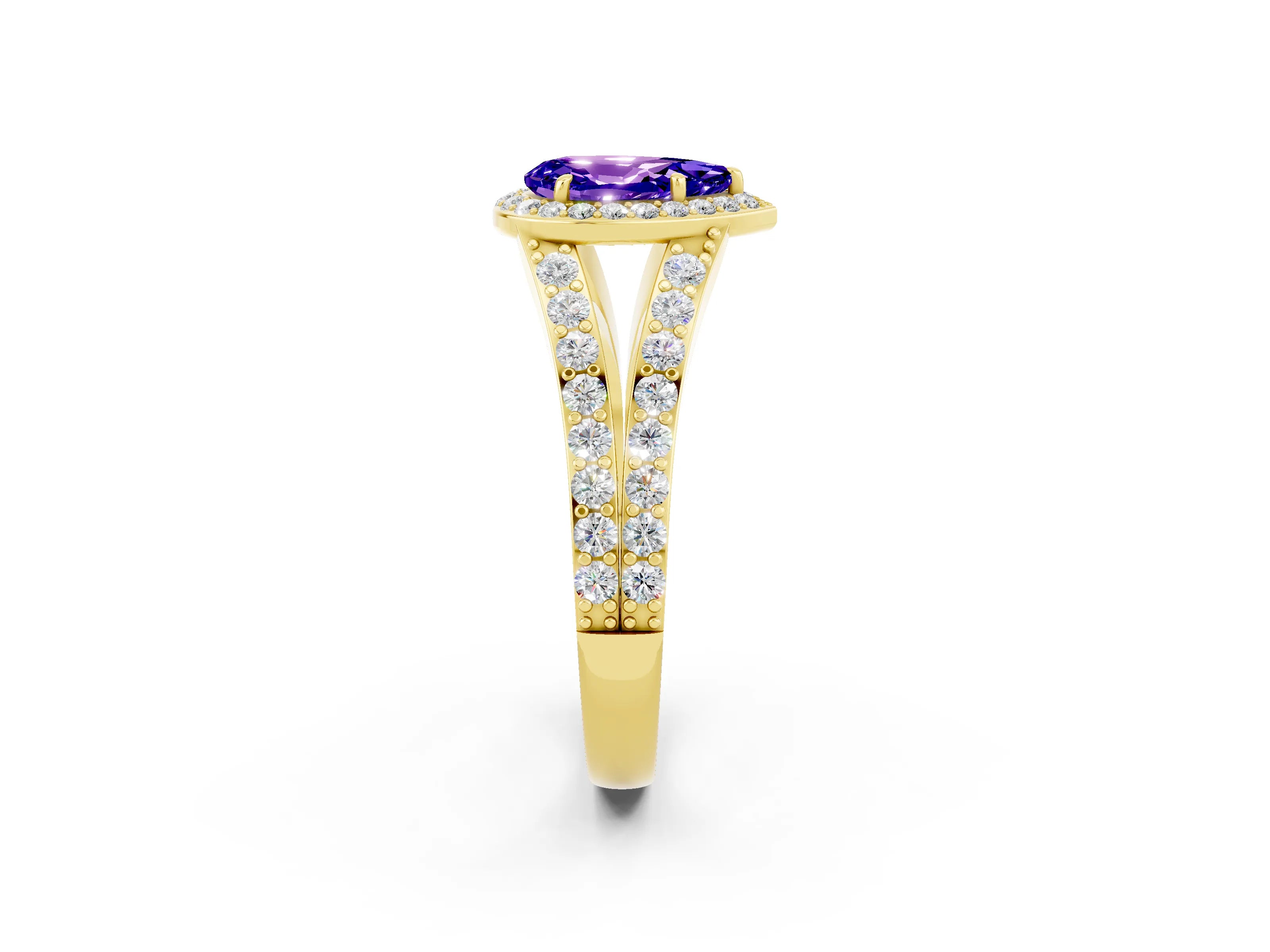 Yellow gold Pear Cut Tanzanite Split Shank Halo Ring with Four-Prong Setting_14