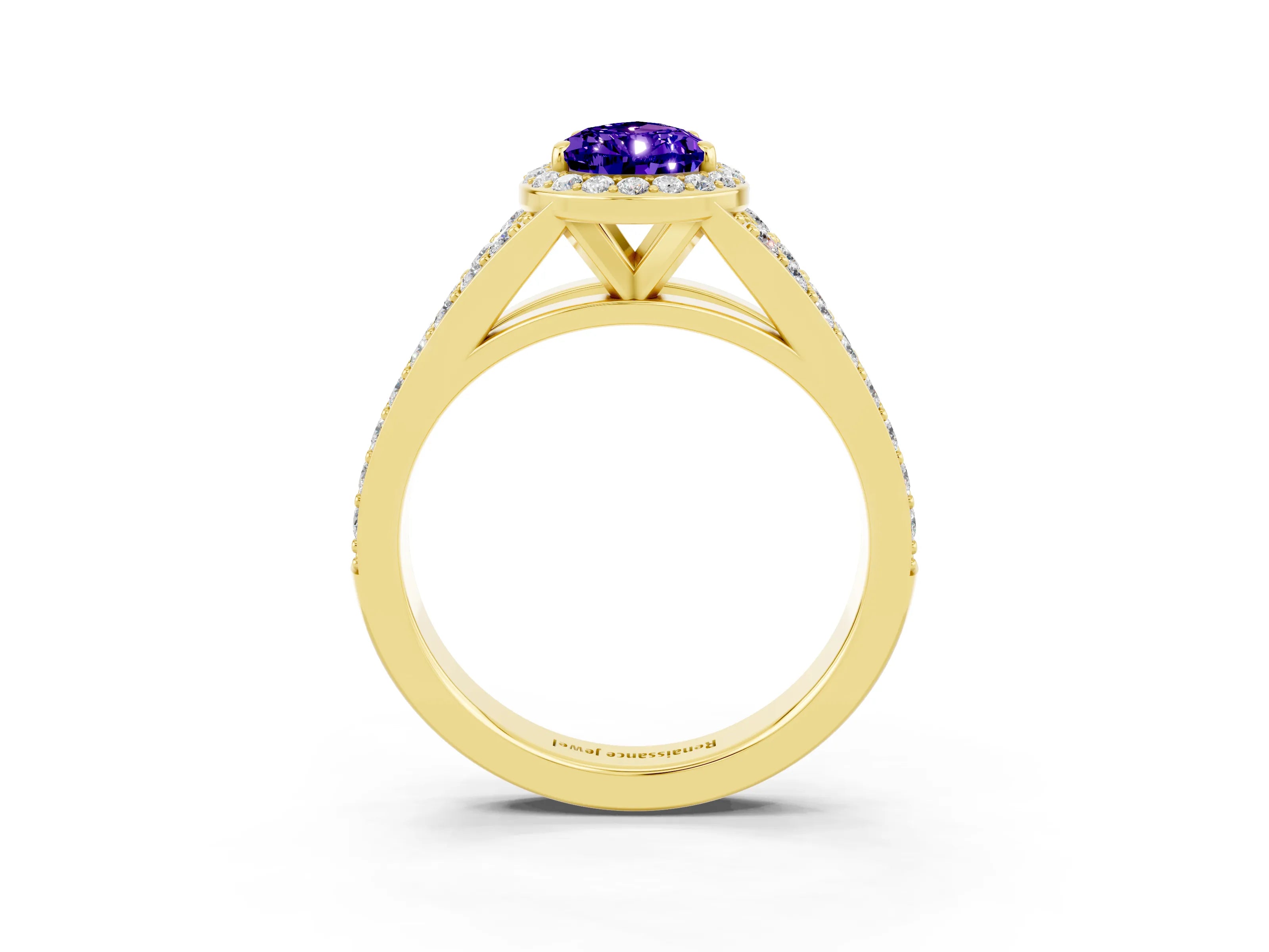 Yellow gold Pear Cut Tanzanite Split Shank Halo Ring with Four-Prong Setting_15