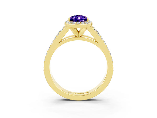Yellow gold Pear Cut Tanzanite Split Shank Halo Ring with Four-Prong Setting