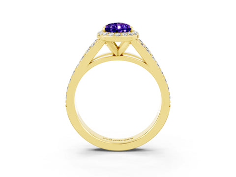Yellow gold Pear Cut Tanzanite Split Shank Halo Ring with Four-Prong Setting_15