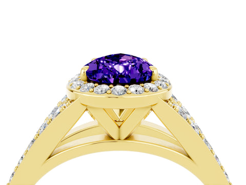 Yellow gold Pear Cut Tanzanite Split Shank Halo Ring with Four-Prong Setting_16