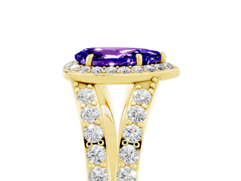 Yellow gold Pear Cut Tanzanite Split Shank Halo Ring with Four-Prong Setting_17