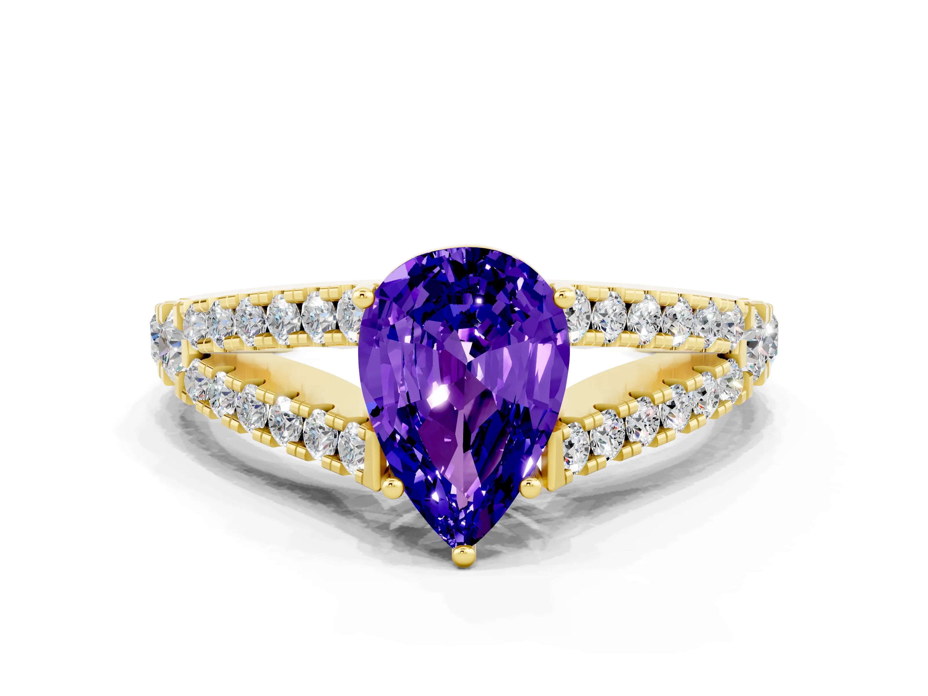 Yellow gold Pear Cut Tanzanite Split Shank Pavé Engagement Ring with Four-Prong Setting_12