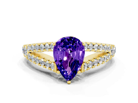Yellow gold Pear Cut Tanzanite Split Shank Pavé Engagement Ring with Four-Prong Setting_12