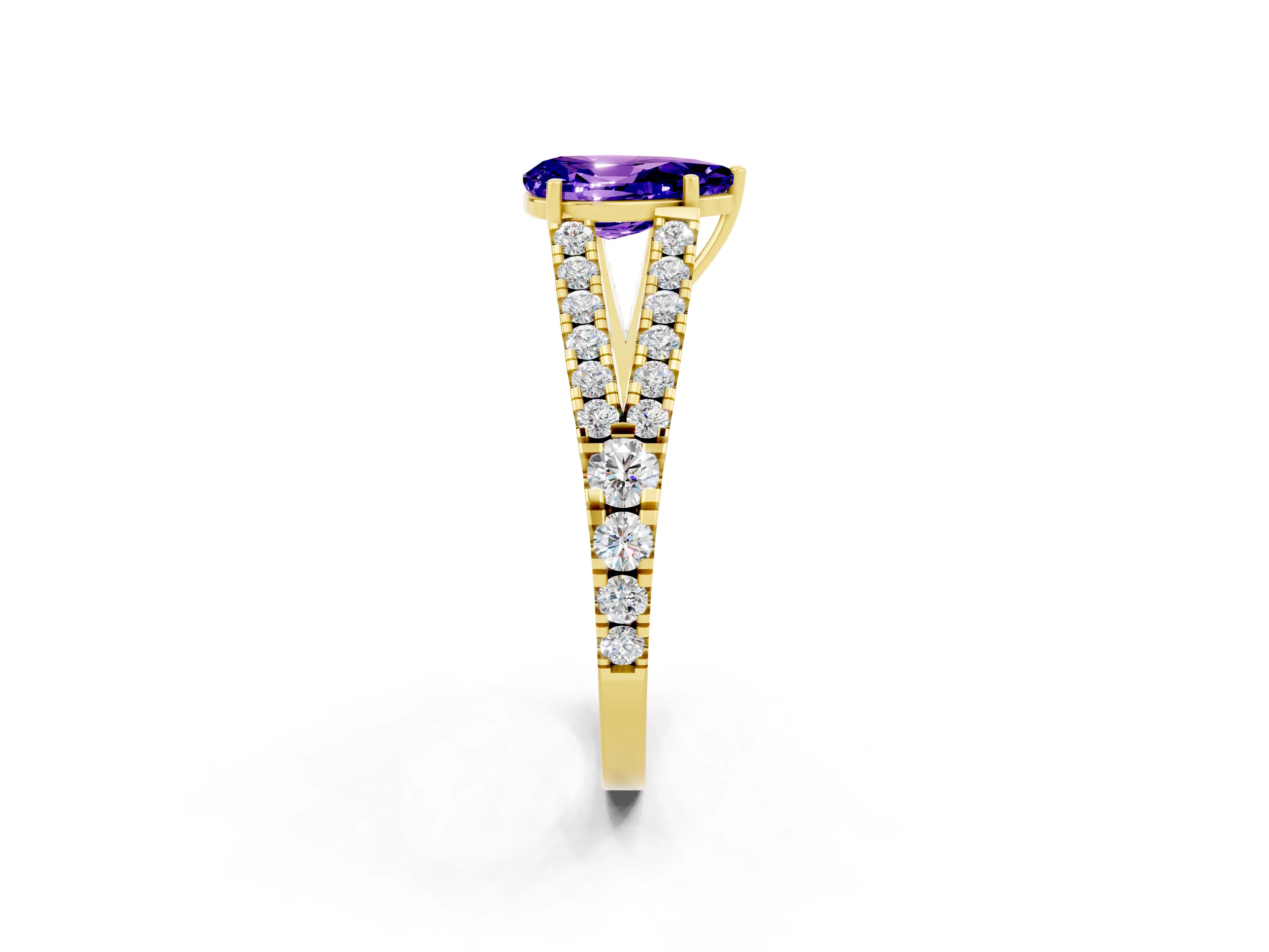 Yellow gold Pear Cut Tanzanite Split Shank Pavé Engagement Ring with Four-Prong Setting_14