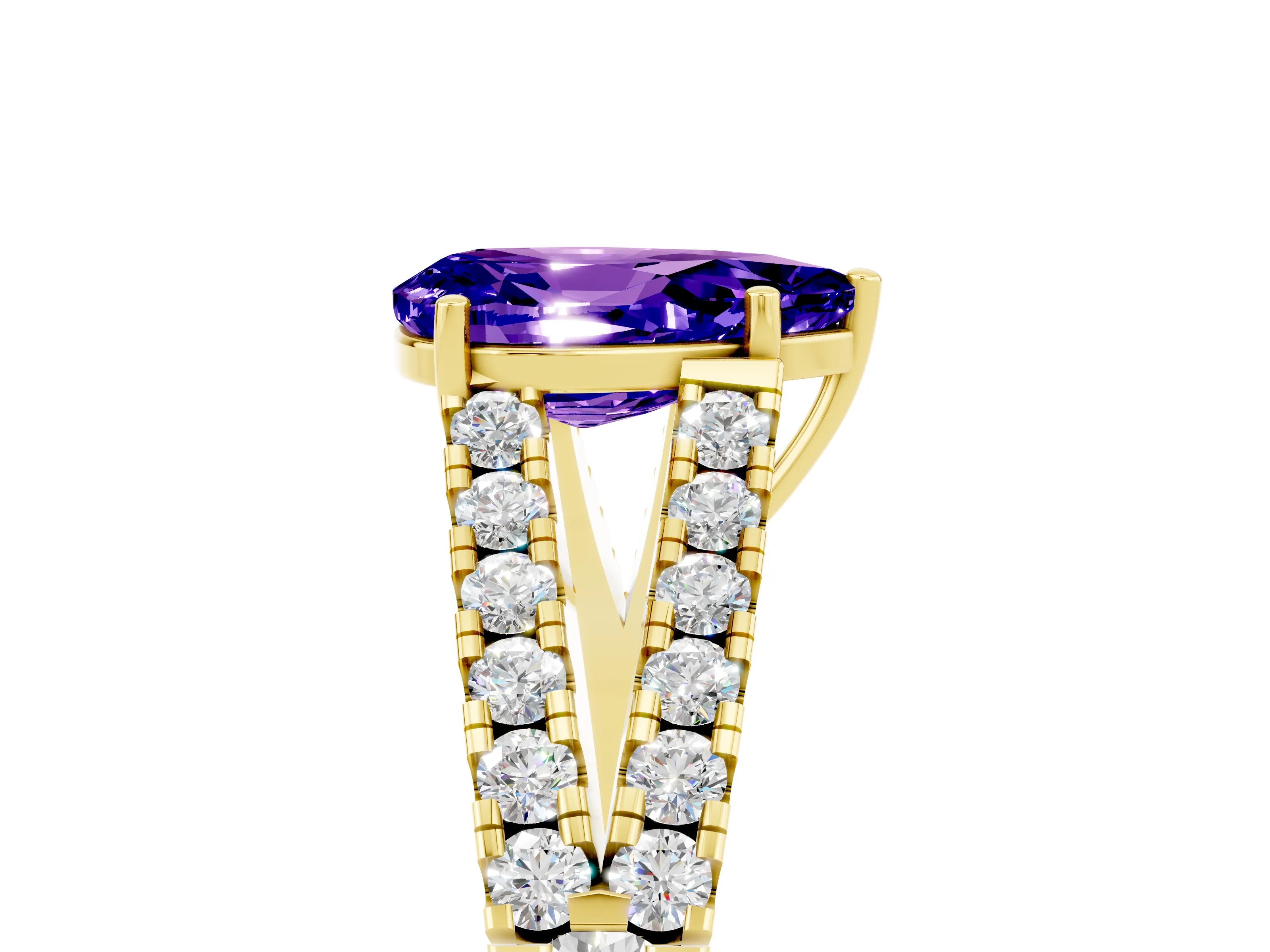 Yellow gold Pear Cut Tanzanite Split Shank Pavé Engagement Ring with Four-Prong Setting_17