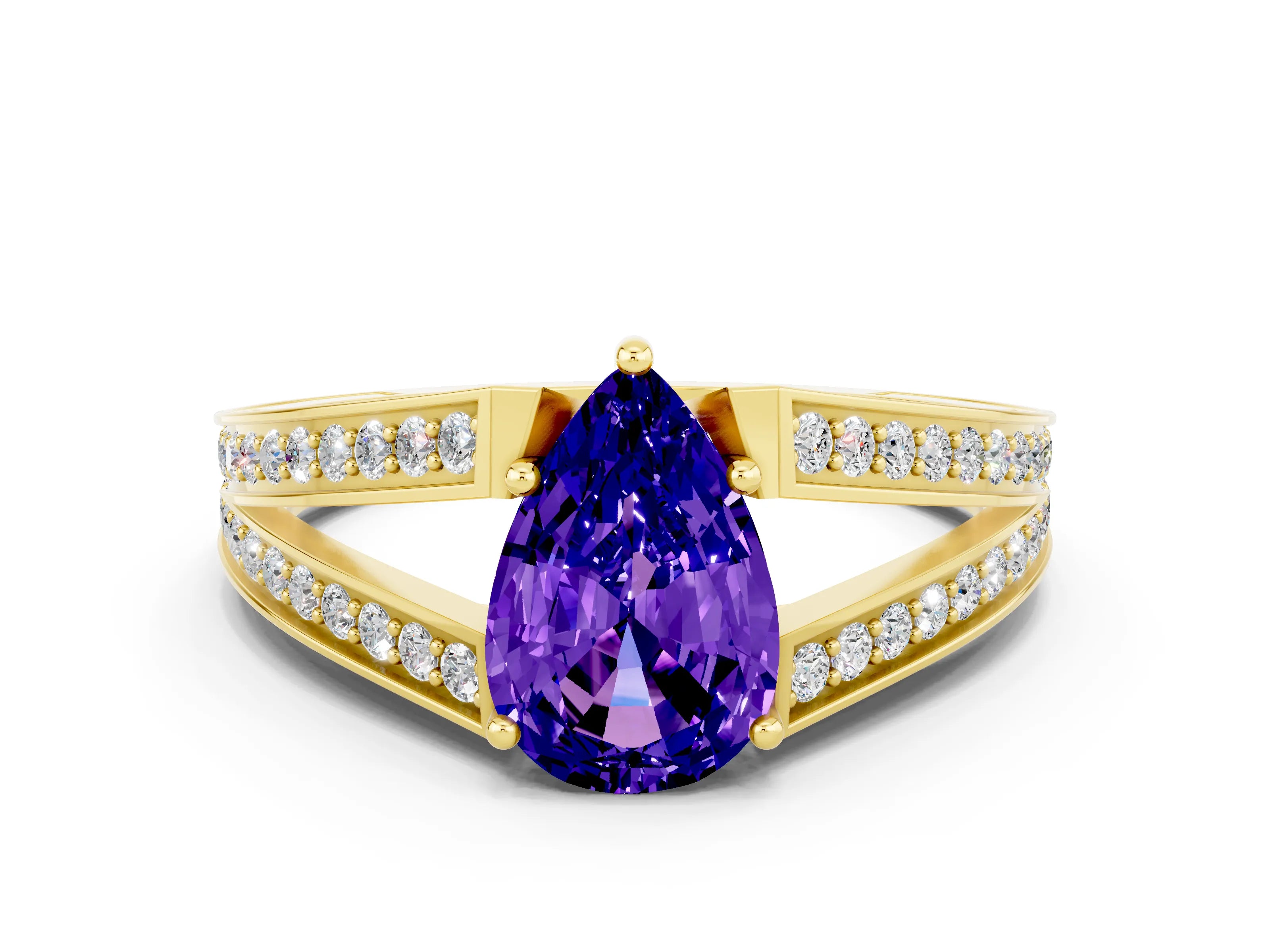 Yellow gold Pear Cut Tanzanite Split Shank Ring with Pavé Band and Four-Prong Setting
