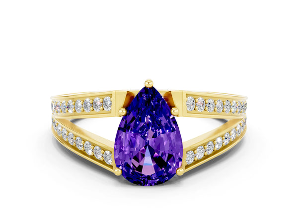 Yellow gold Pear Cut Tanzanite Split Shank Ring with Pavé Band and Four-Prong Setting