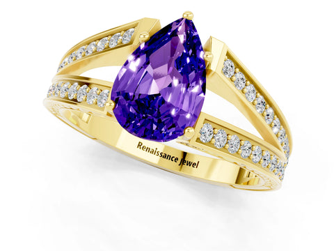 Yellow gold Pear Cut Tanzanite Split Shank Ring with Pavé Band and Four-Prong Setting_1