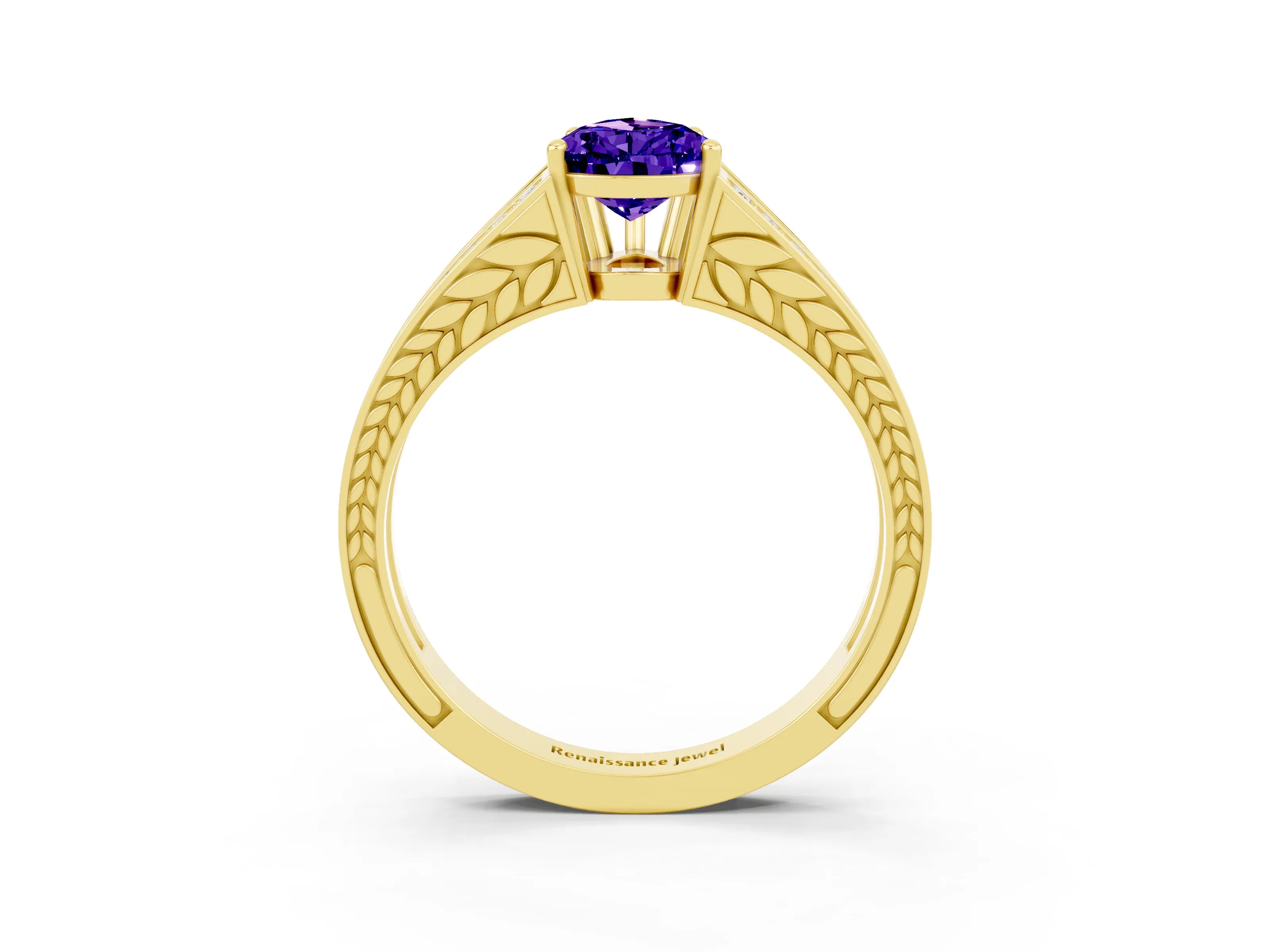 Yellow gold Pear Cut Tanzanite Split Shank Ring with Pavé Band and Four-Prong Setting_3
